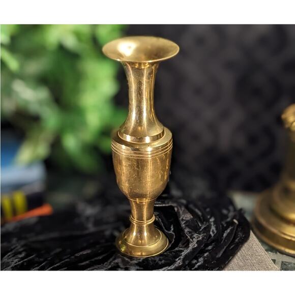 Vintage 10"H Solid Brass Decorative Patina Vase, Handmade in India - Picture 2 of 7